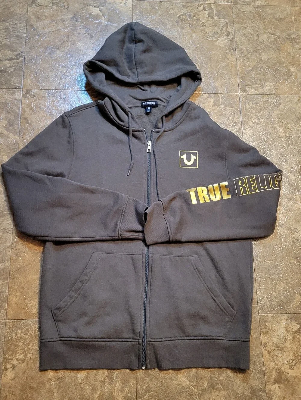True Religion High Density Logo Zip Hoodie Mens Medium Olive Green Long Sleeve